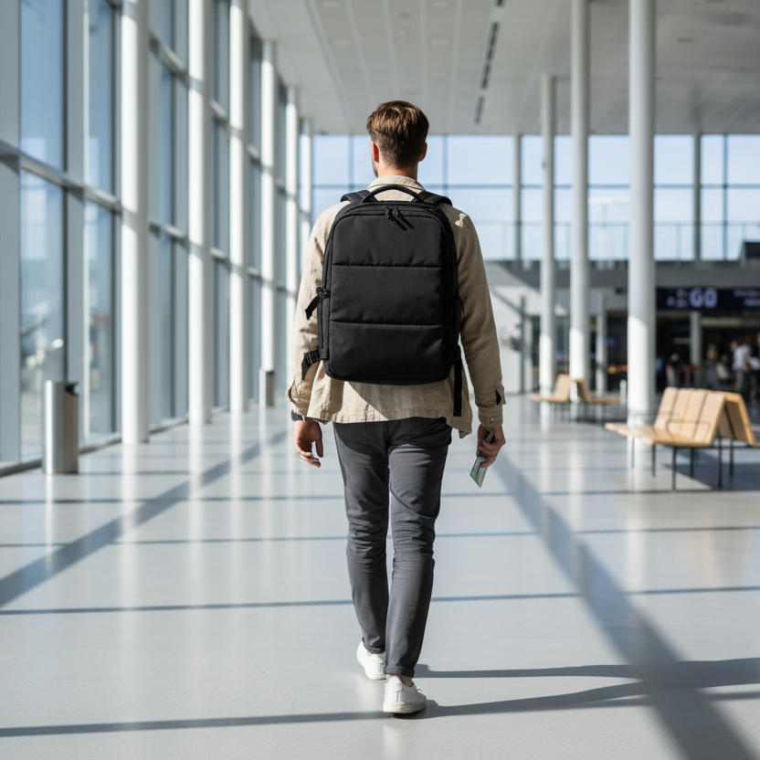 Person på flyplass med ryggsekk