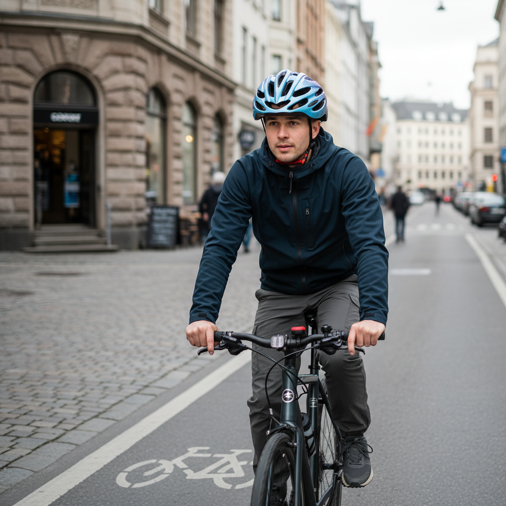 Person på sykkeltur i byen med lilla og blå sykkelhjelm