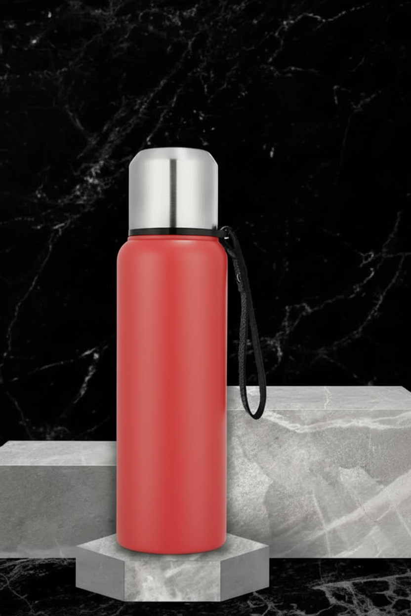 Rød termoflaske på marmorsokkel