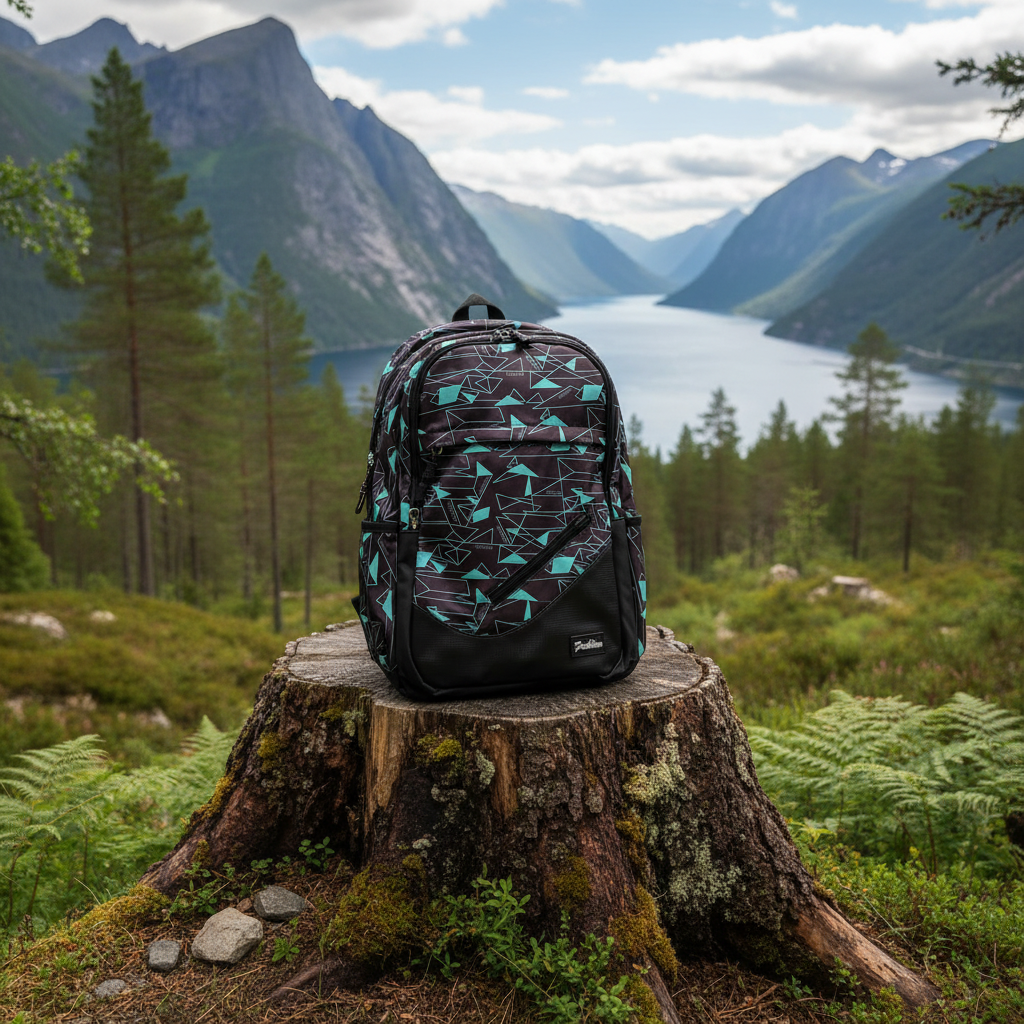 Geometrisk mønstret ryggsekk med turkise trekanter plassert på stein i norsk natur - perfekt for tur, skole og reise