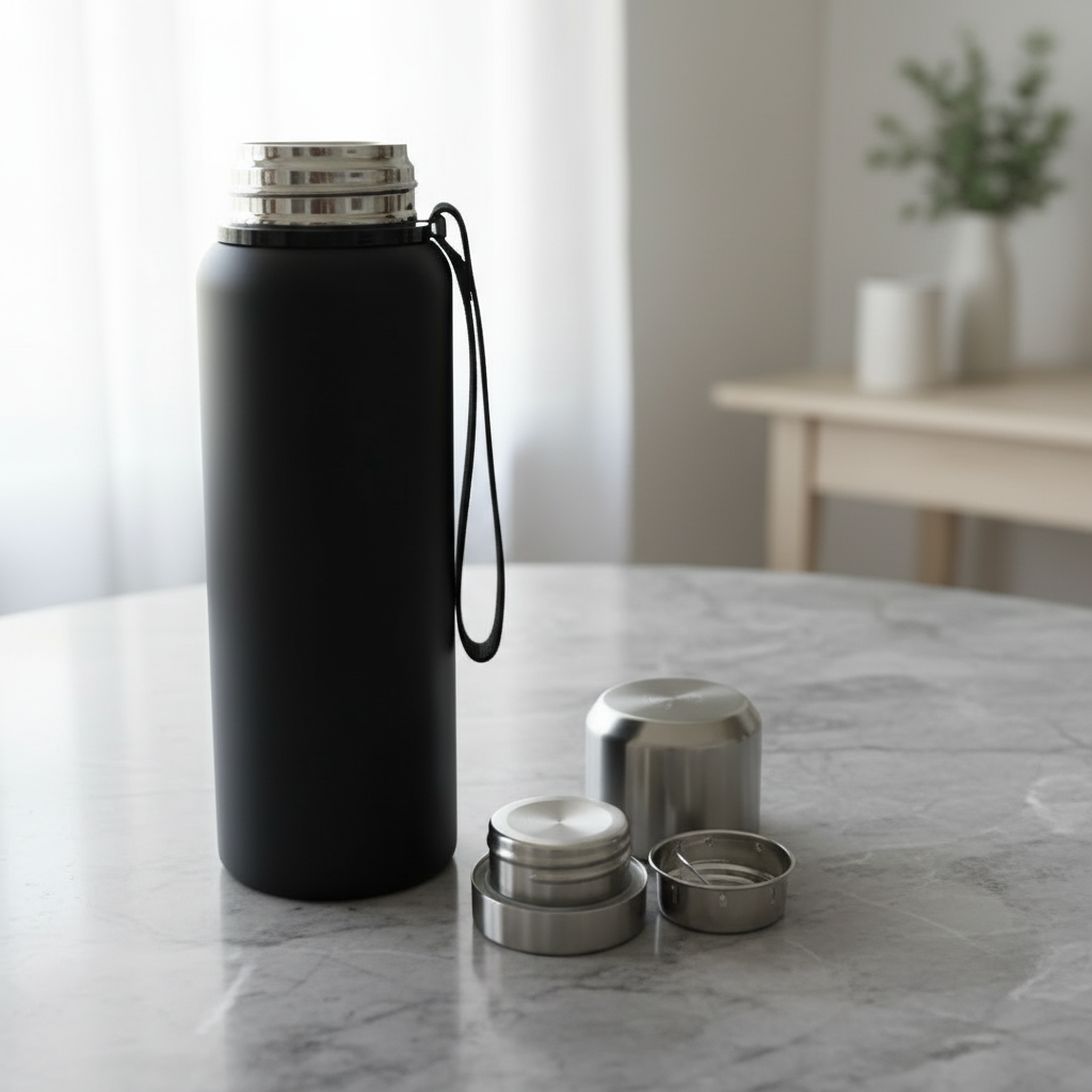 Svartt termosflaske i rustfritt stål med demontering av lokk, kopp og tesil på marmorflate