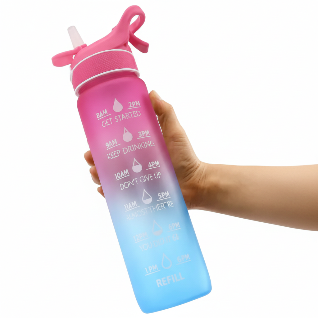 Vannflaske med spray og målemeter - transparent plastflaske med innebygd måleskala og sprayfunksjon, perfekt for enkel påføring av vann og nøyaktig 