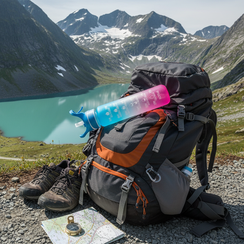 Vannflaske på tursekk i fjellet