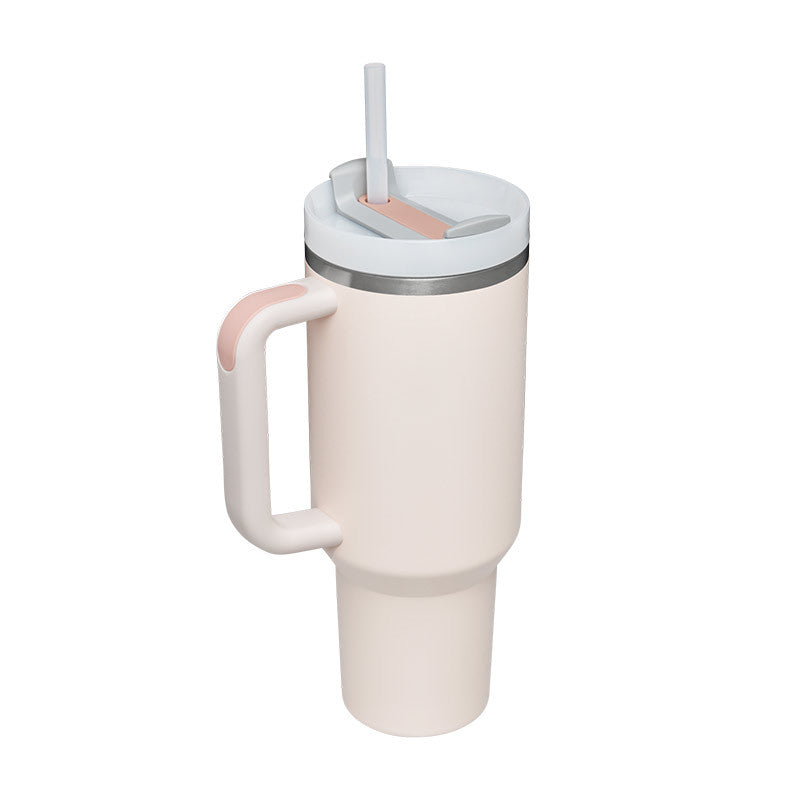 Stainless travel cup with handle and straw