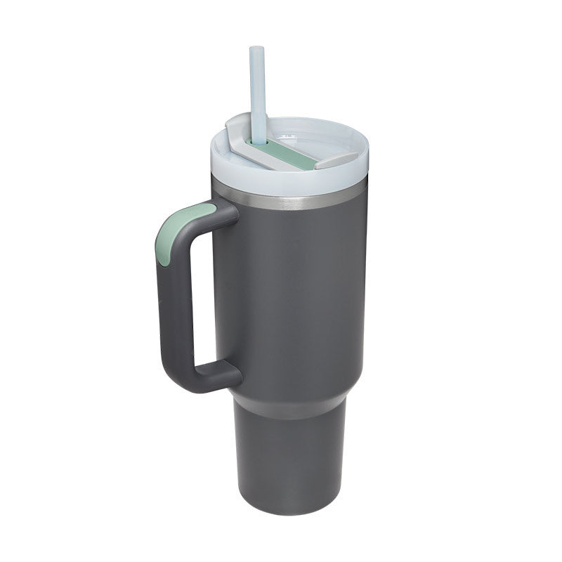 Stainless travel cup with handle and straw