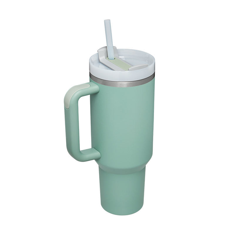 Stainless travel cup with handle and straw