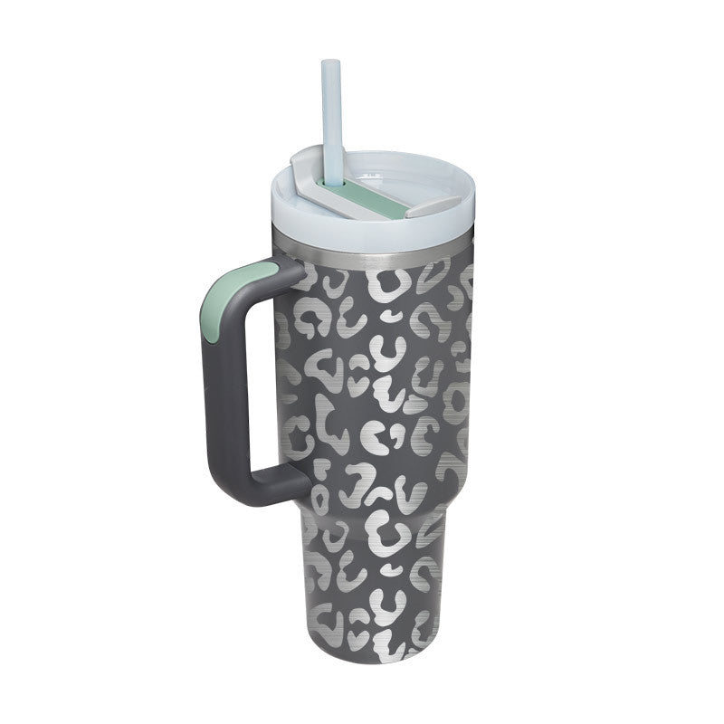 Stainless travel cup with handle and straw