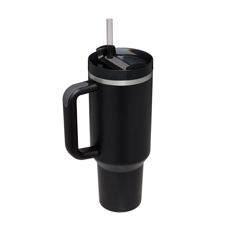 Stainless travel cup with handle and straw
