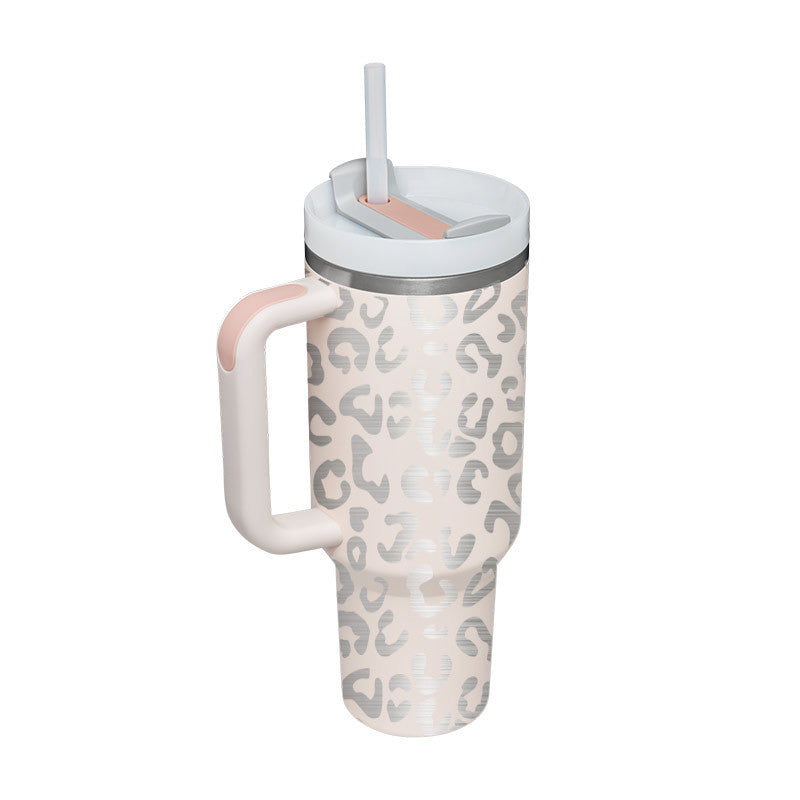 Stainless travel cup with handle and straw